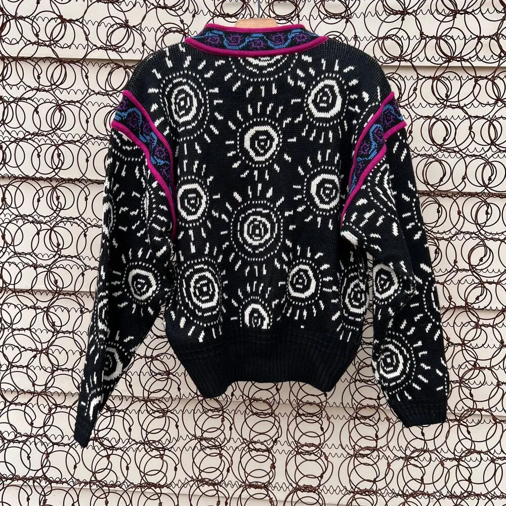 Vintage Demetre wool blend art deco 1/4 zip sweater black sun burst swirl Size M - Image 2