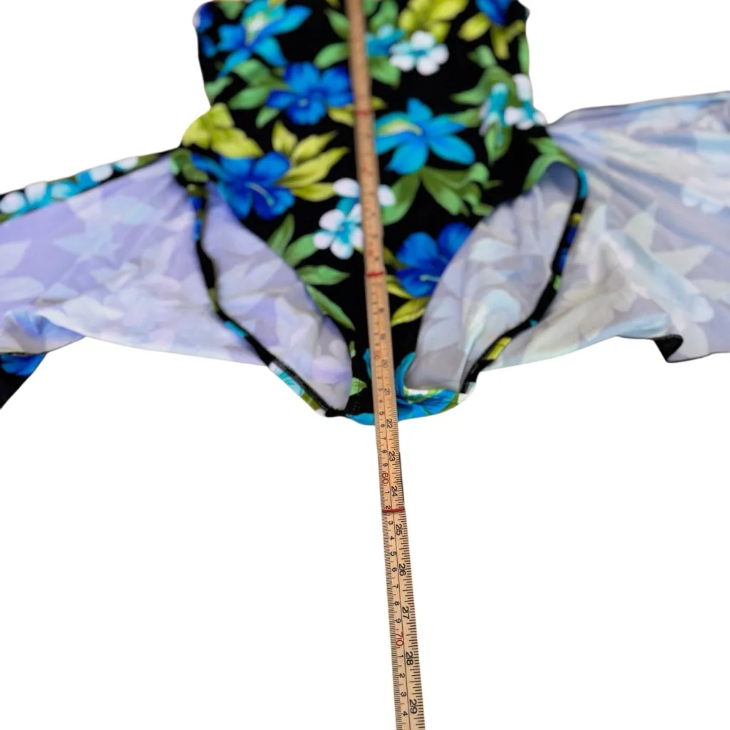 Sessa Black Floral Ruched Tummy Control Swimdress One Piece XS Skirted Tropical Blue - Image 6