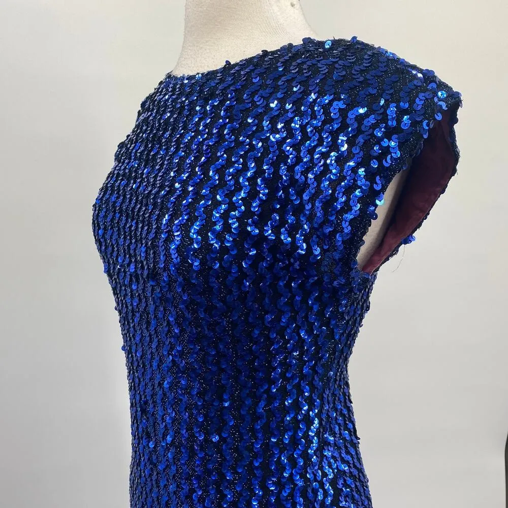 Vintage 70s 80s Sequin Chiffon Hem Midi Dress Cocktail Cobalt Blue Womens Small - Image 6