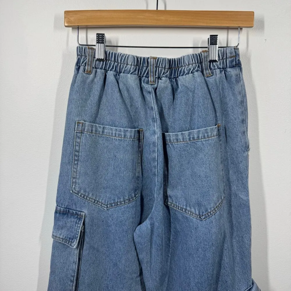 Blue Blush Jeans Women S Blue Cargo Wide Leg Stretch Waist Pocket Baggy Denim 90 - Image 4