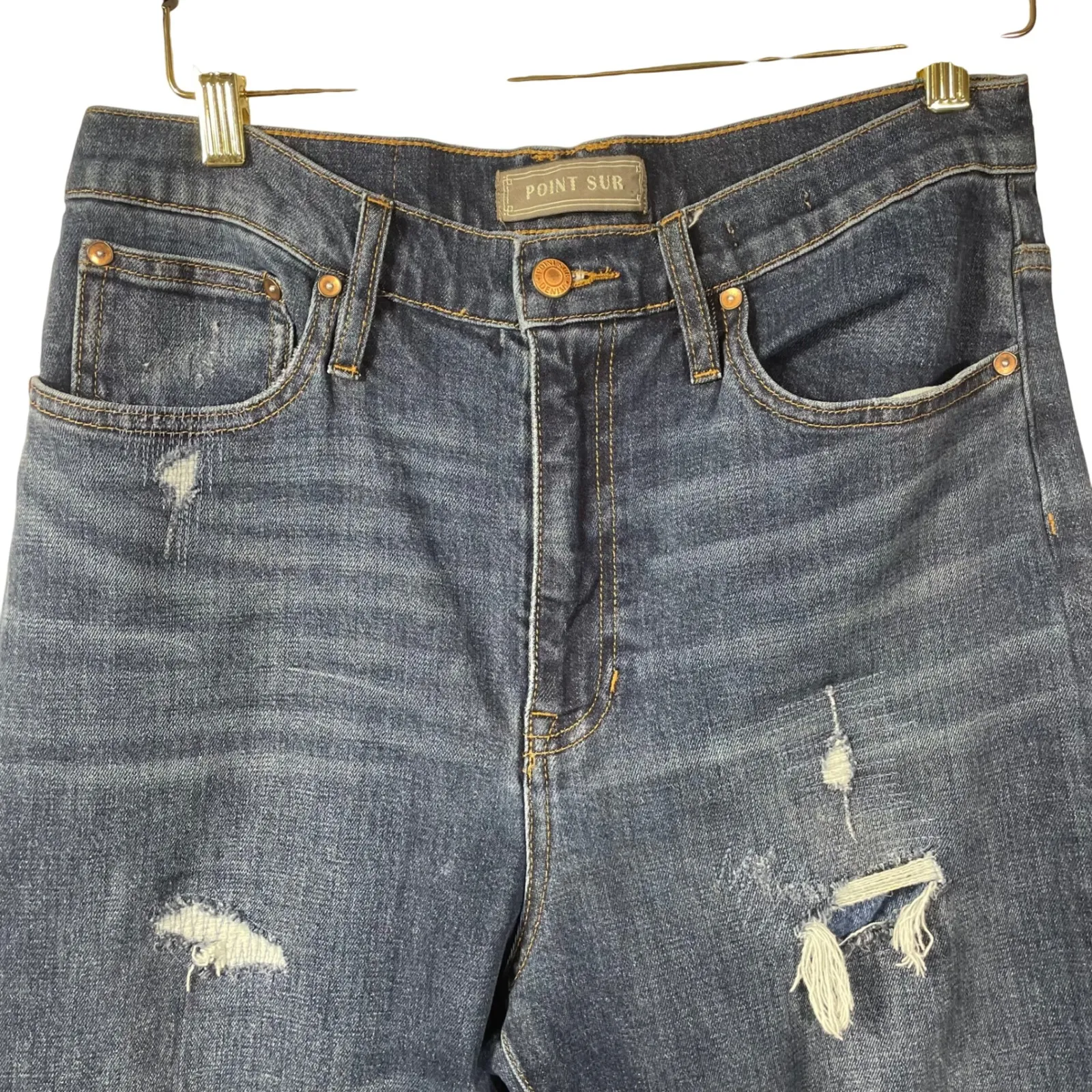 Point Sur Denim Distressed Straight Leg Jeans Medium Wash Raw Hem Women's 29 Blue - Image 2