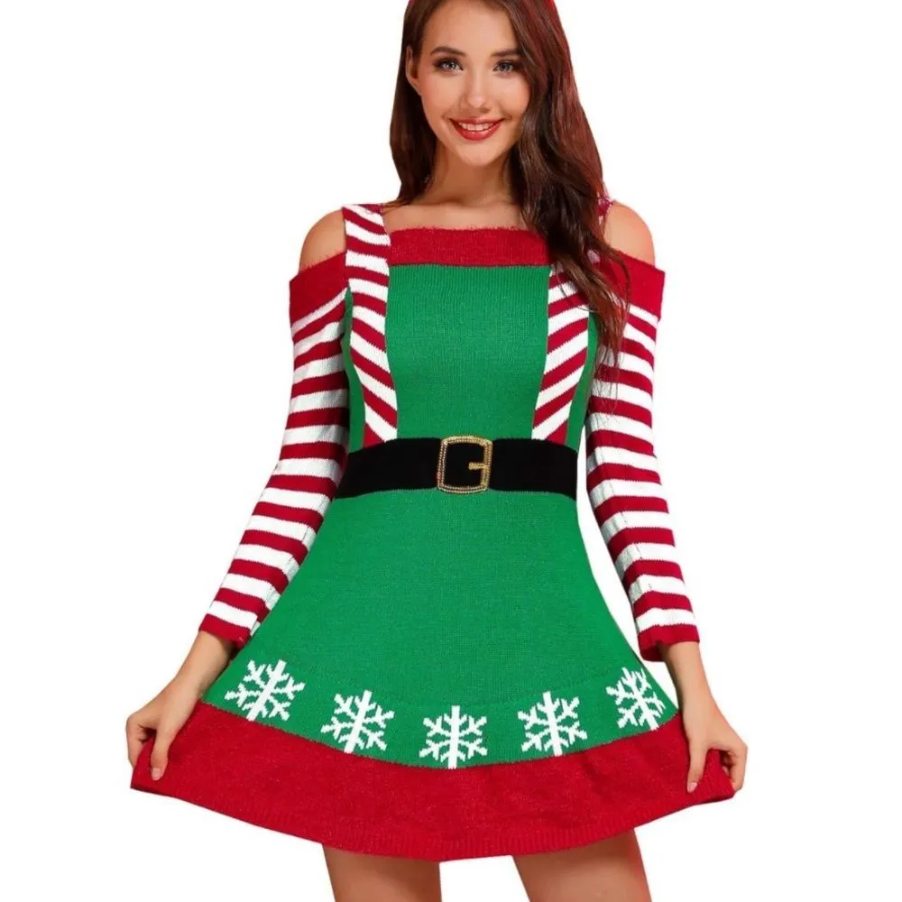 Women’s Spadehill Christmas Festive Elf Costume Sweater Dress Green Red Size S - Image 11