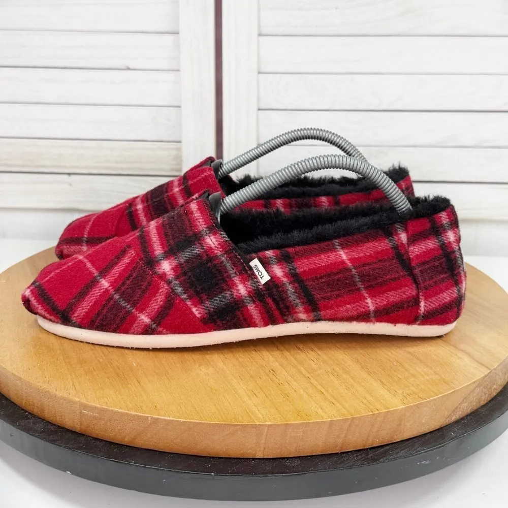 Toms Alpargata‎ Plaid Flannel Fur Lined Slip On Flats Shoes Red Black 10 - Image 3