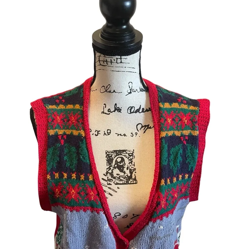 Talbots Christmas Sweater Knit Vest Red Green Size Medium Winter Holiday Novelty - Image 2