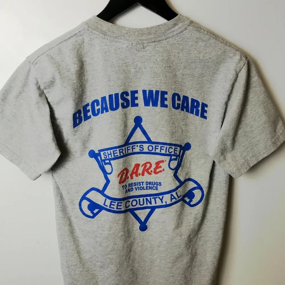 00s Vintage Gildan DARE Because We Care T Shirt American Flag Double Sided Small - Image 7