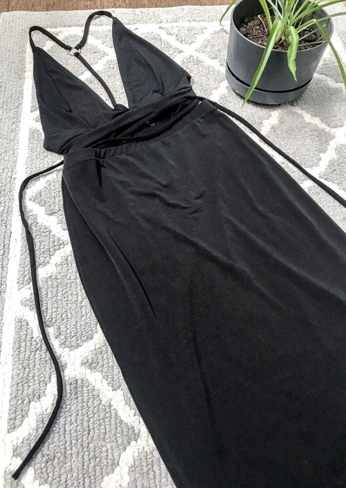 Black Slinky Strappy Plunge Midi Dress - Image 8