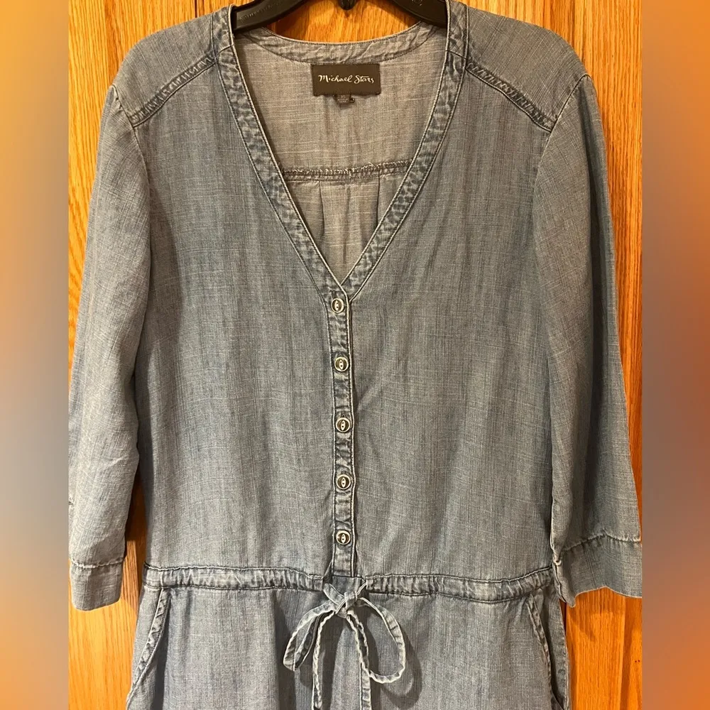 Michael Stars Denim Chambray Tencel  Drawstring Waist Button Down Shirt Dress XS - Image 6
