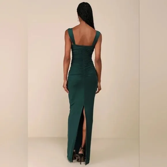 Lulus Amazing Presence Dark Green Mesh Ruched Column Maxi Dress Size XL - Image 10