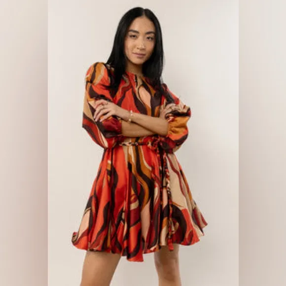 NWT Vibrant Red and Orange Long Sleeve Mini Dress with Braided Belt - Image 9