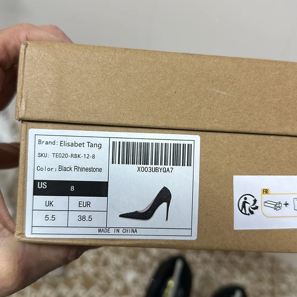 Elisabet Tang Women Pumps, Pointed Toe High Heel Glitter Rhinestone Heels Sparks Black Size 8 - Image 8