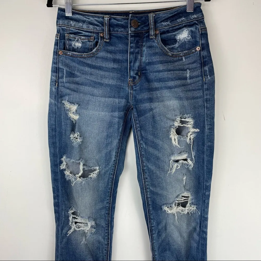 American Eagle Tomgirl Distressed Jeans Dark Wash Sz 0 Relaxed Straight Boho - Image 5