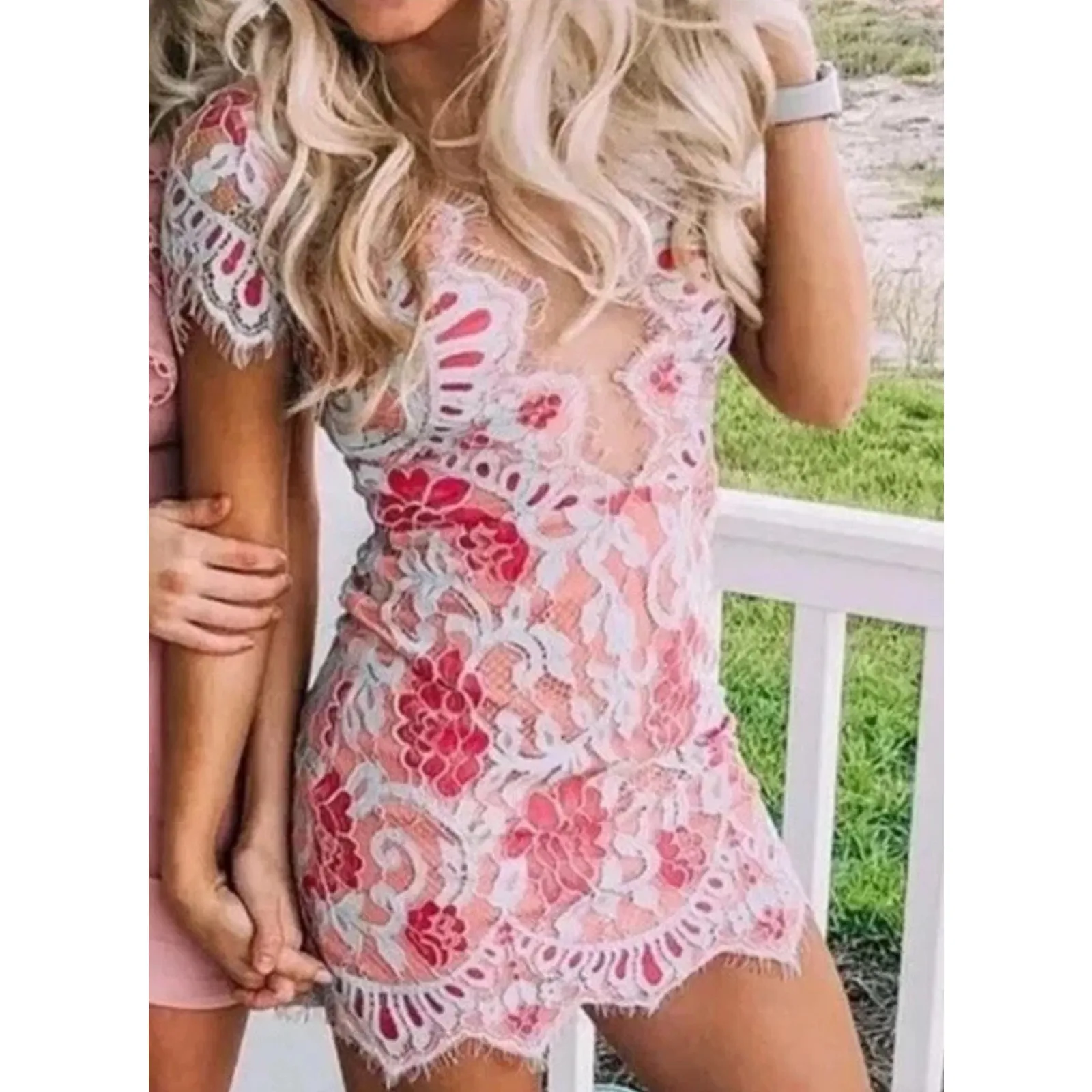 Storia Melody Floral Embroidered Cap Sleeve Empire Sheath Dress Pink Blue Size M - Image 2