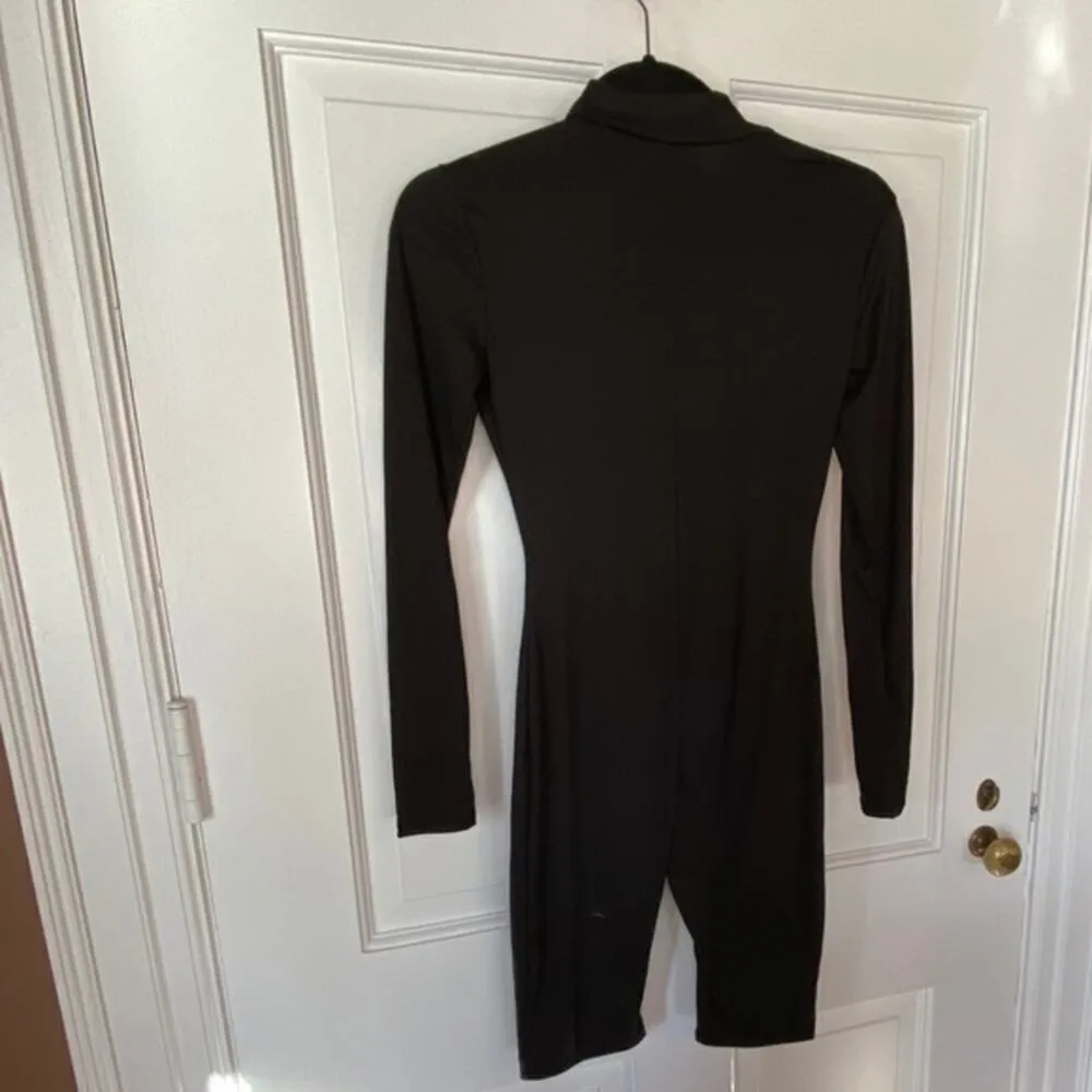 K Mock Neck Front Zip Thigh Length Black Bodysuit - Image 12