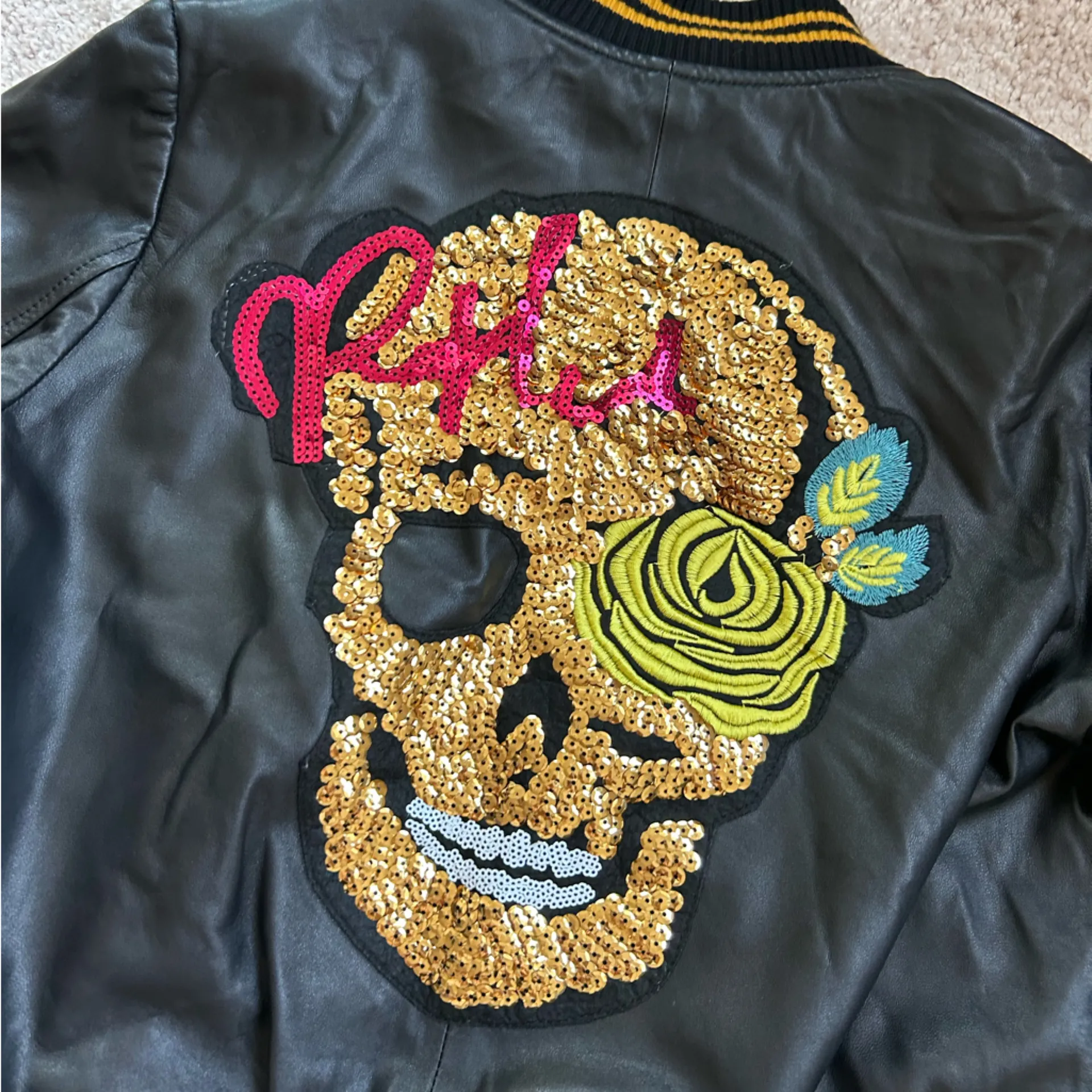 Leather jacket with fancy skull. XS/S Black - Image 3