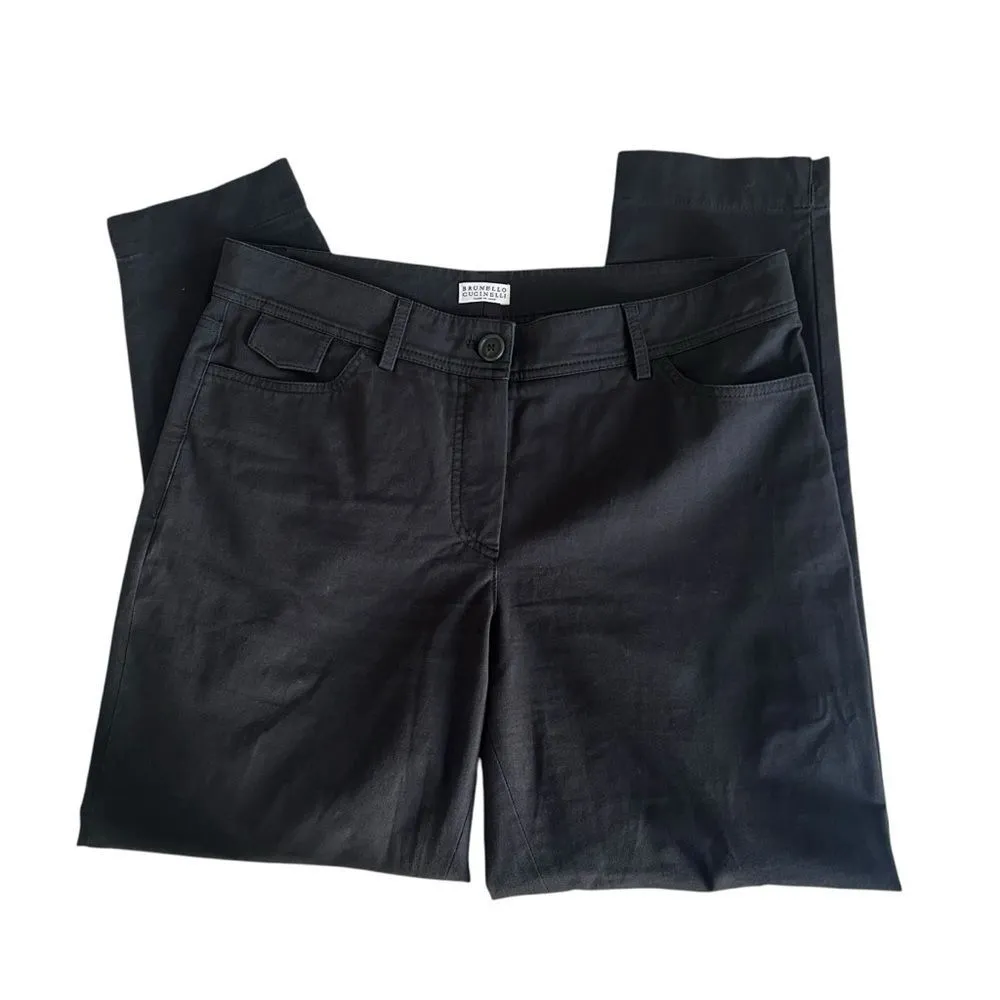 Brunello Cucinelli Black Cotton Stretch Tapered Trouser Pants Mid Rise Size 10 - Image 2