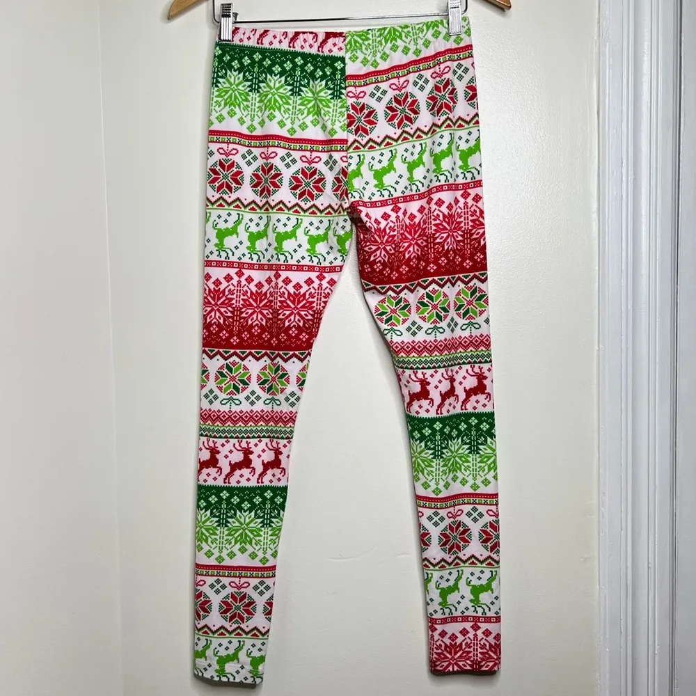 Holiday Christmas Snowflake Soft Leggings women’s size medium Red Green Party - Image 3