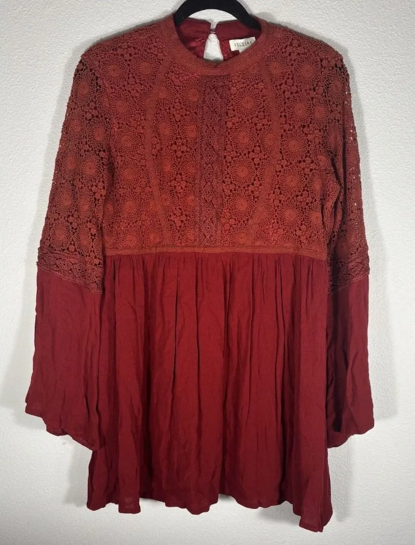 Velzera Terracotta Boho Long Eyelet Sleeve Crochet Lace Dress Casual Size Small - Image 1