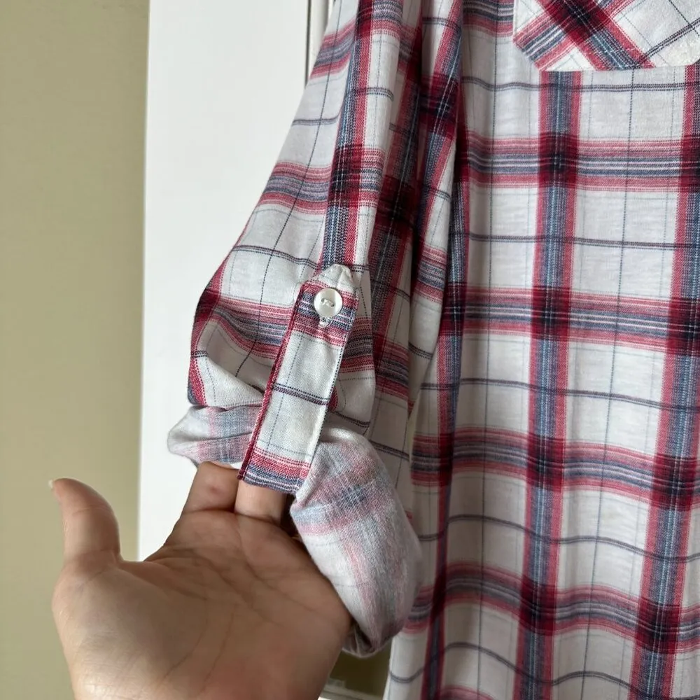 VICI Boutique Passport Plaid Roll Sleeve Button Down Shirt Top Blouse Size XL - Image 4