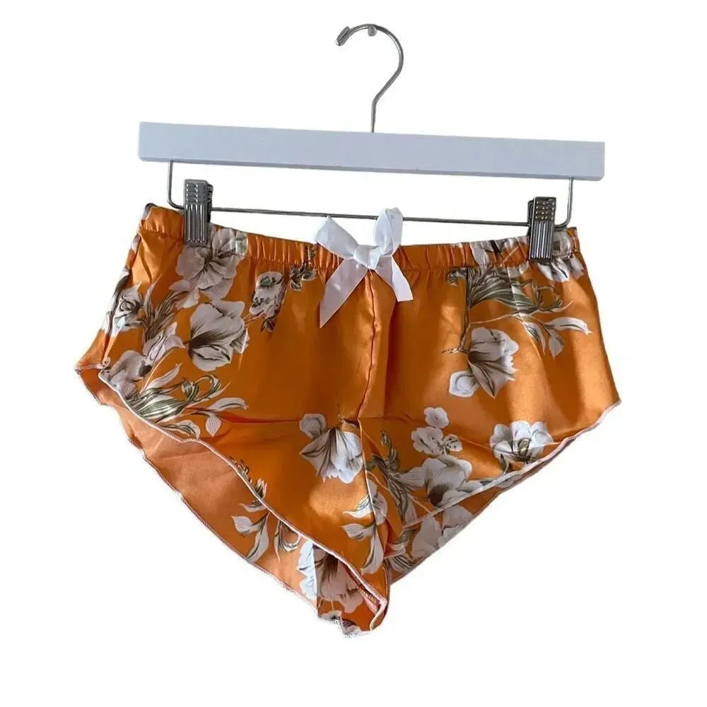 Bohemian Floral Print Pajama Set, Long Sleeve Robe With Belt Lace SZ M #1635 Orange Size M - Image 4