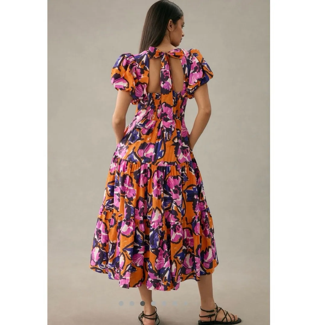 Anthropologie Orange Pink Floral Puff Sleeve Midi Dress Size XS - Image 2