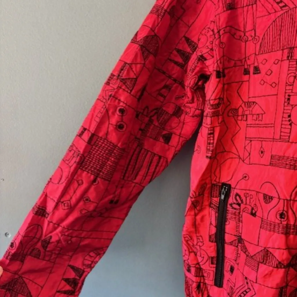 Chico's 0 (S) Zip Jacket Red Black Silk Quilted Abstract Artsy Modern Statement - Image 5