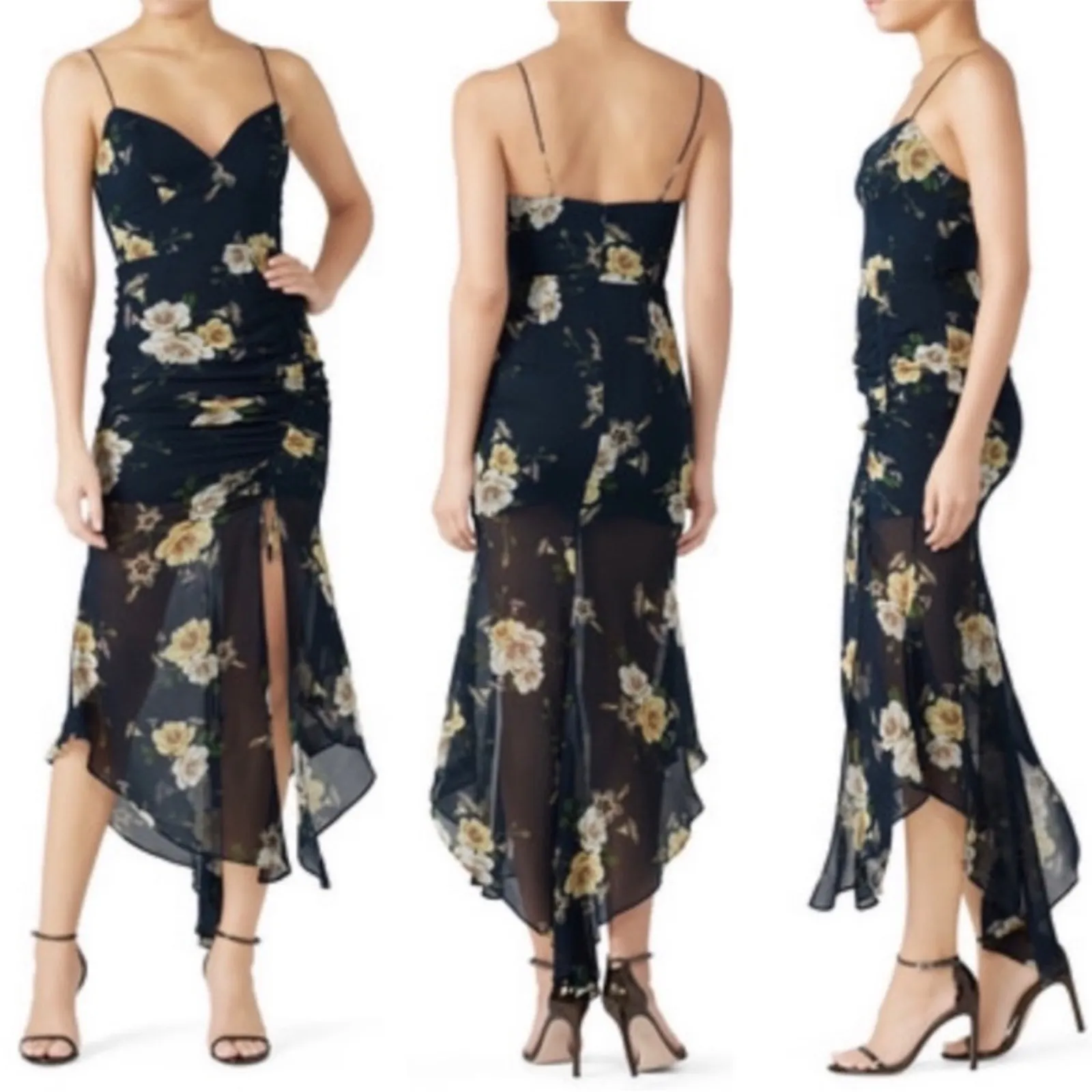 NICHOLAS Floral Drawstring Asymmetric Dress in Navy 10 Blue - Image 9