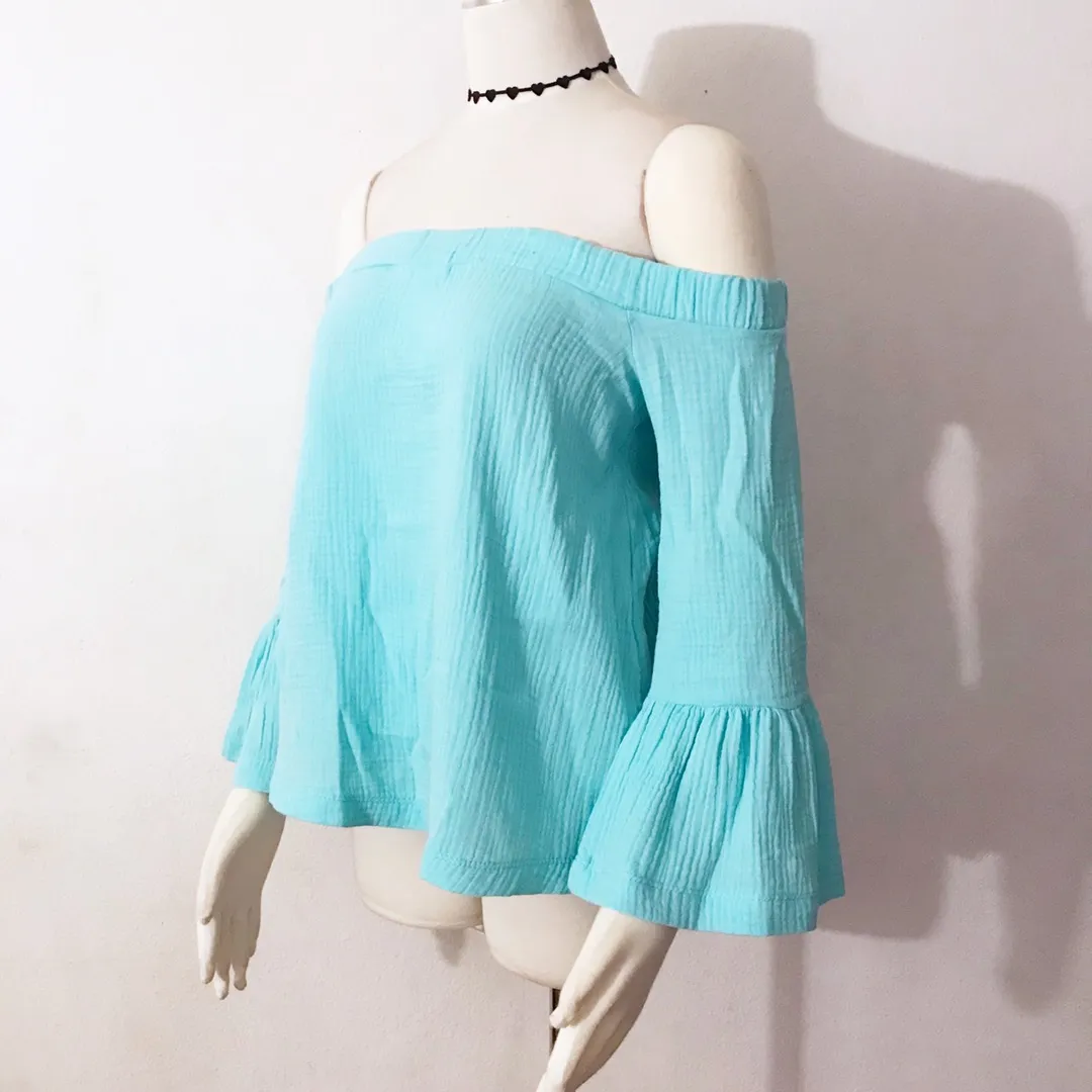 Off Shoulder Flared Sleeves Boho Top Blue - Image 3