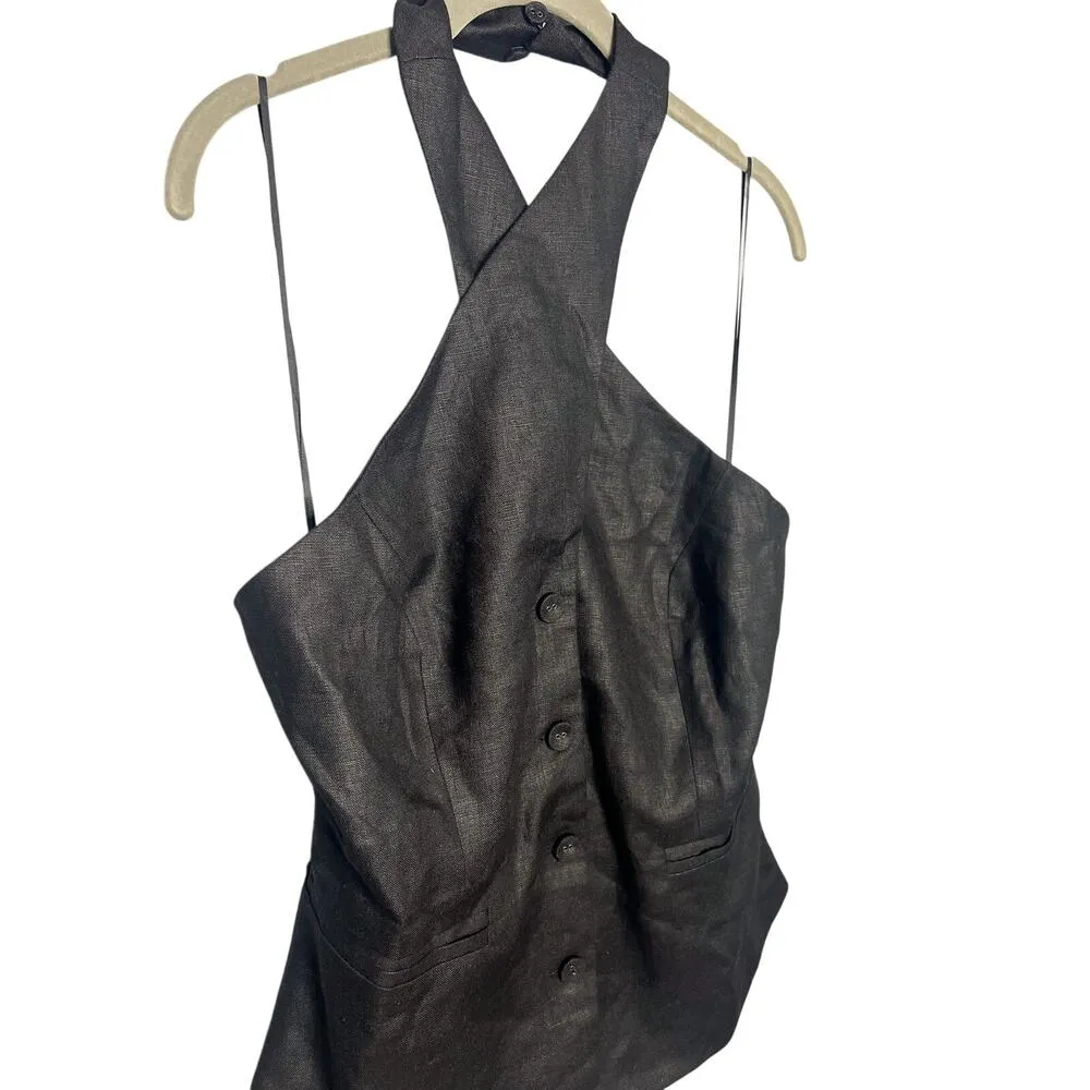 NWT Reformation Tate Linen Top‎ Black Halter Size 10 Button Front - Image 6