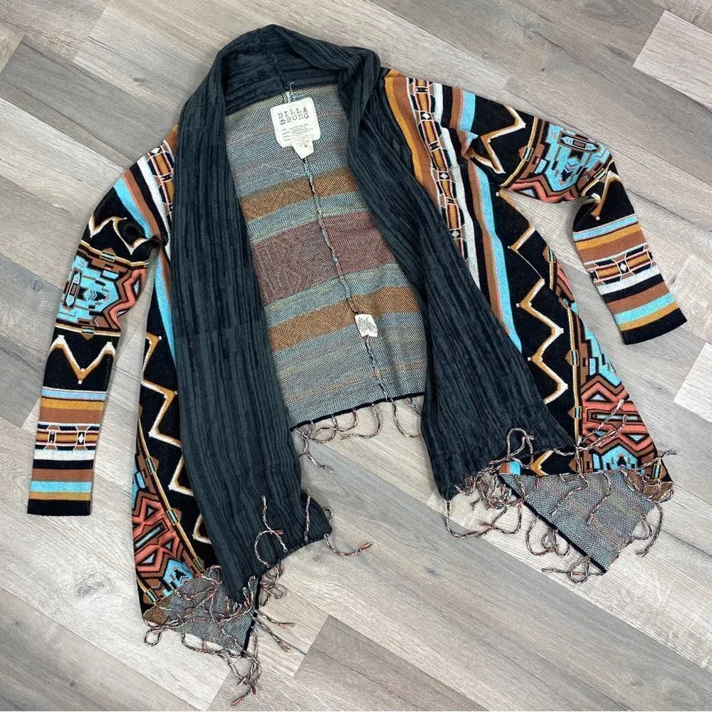 Billabong Dream Chaser Aztec Southwestern Boho Fringe Hem Cardigan Sweater Small - Image 12