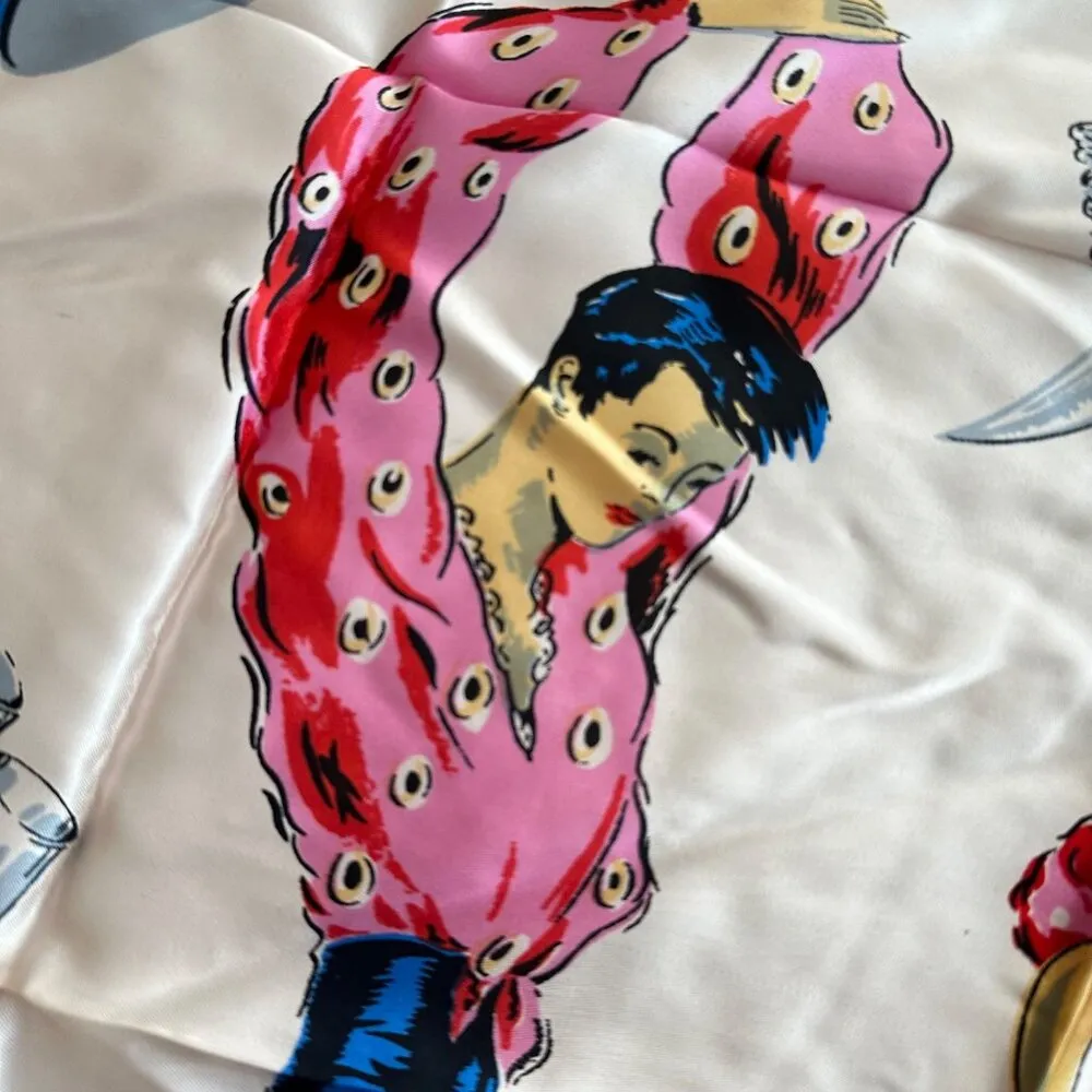 Vintage 70s Spanish Dancers Man & Woman Roses Silk Scarf from Bilbao Spain Pink - Image 3