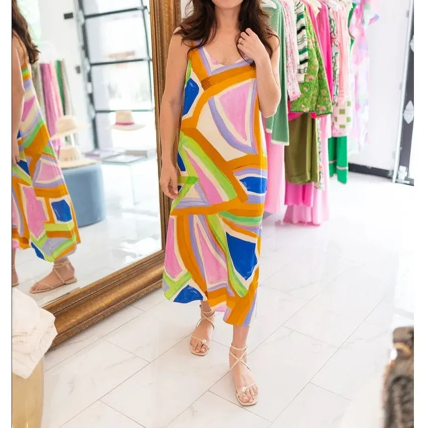 Self Contrast Camila Dress Size Medium NWT Midi Slip Artsy Abstract Satin Brush Blue - Image 2