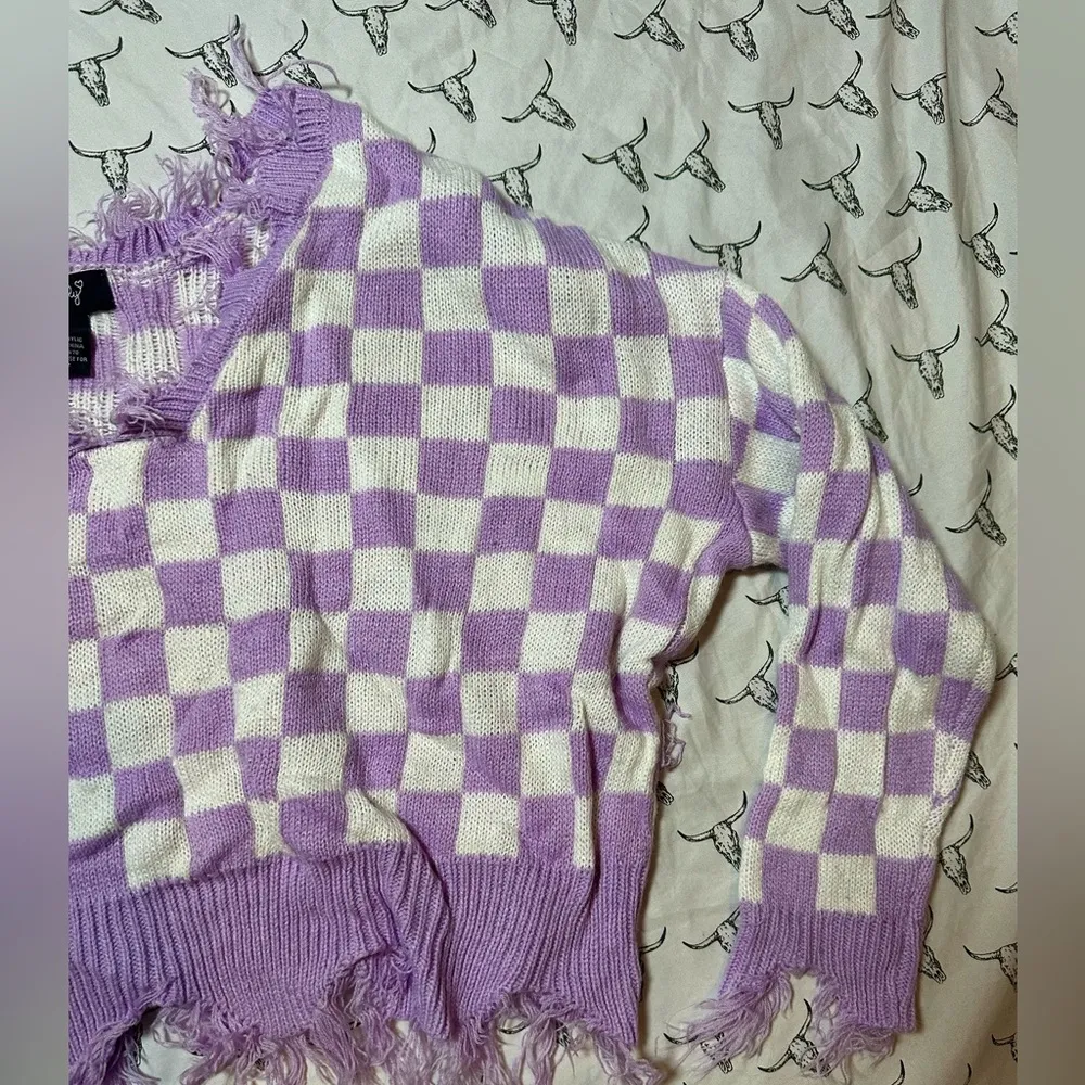 Just Polly New York Distressed Purple Checkered Grunge 90s Knit Sweater Size M Size M - Image 4