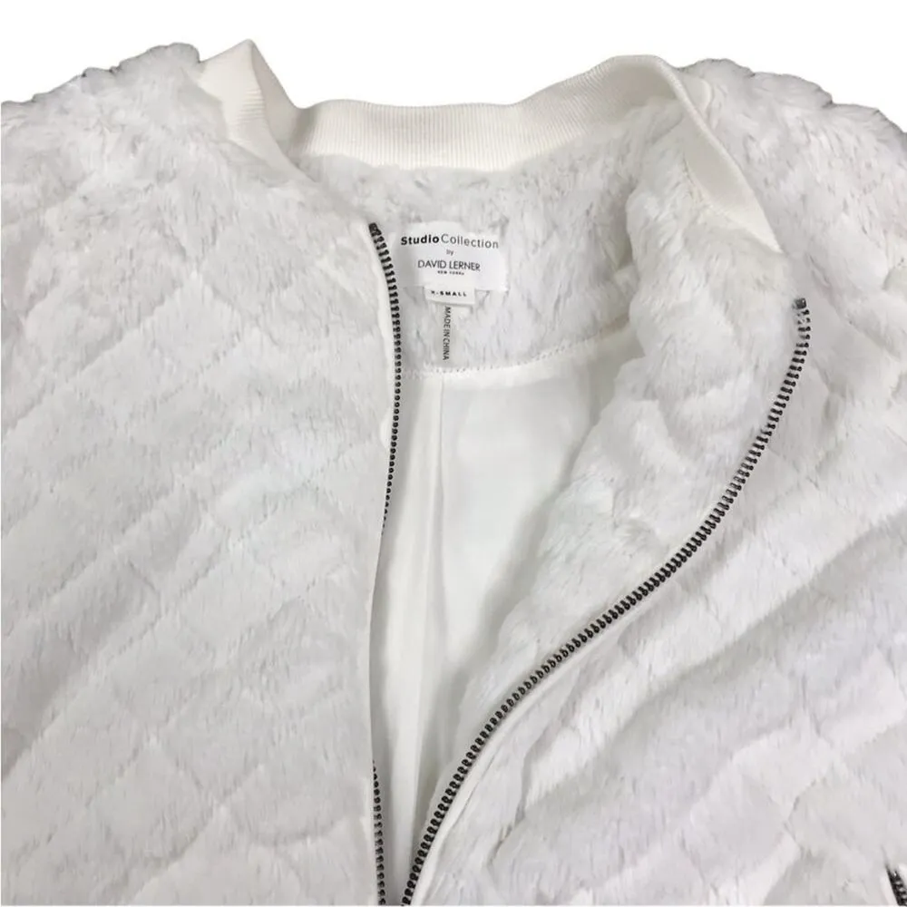 DAVID LERNER Quilted Faux Fur Bomber Jacket XS White Oversize Fairy Festival Y2K - Image 7