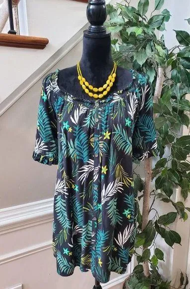 Terra & Sky Black Green Rayon Round Neck Short Sleeve Button Down Shirt Size 2X - Image 1