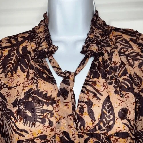 JOIE Coral & Plum Tropical Floral‎ 3/4 Sleeve Tie  Neck Blouse Size Small - Image 2