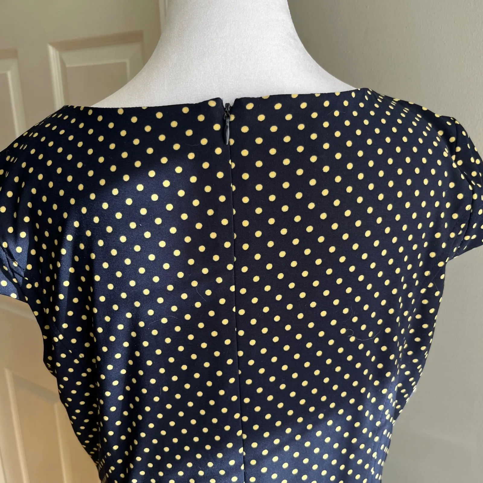 Navy Blue and Gold Polka Dot Midi Dress Classic Career Party Size 12 - Image 10