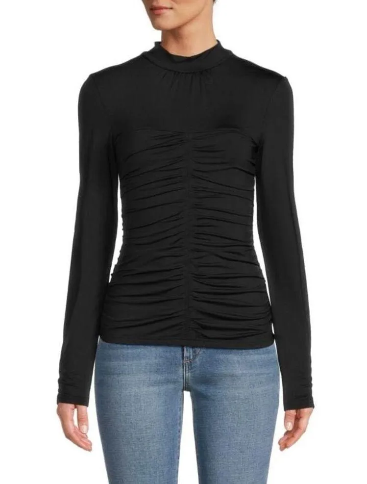RACHEL PARCELL Top Size Large Ruched Fitted Mockneck Long Sleeve Black Spandex - Image 2
