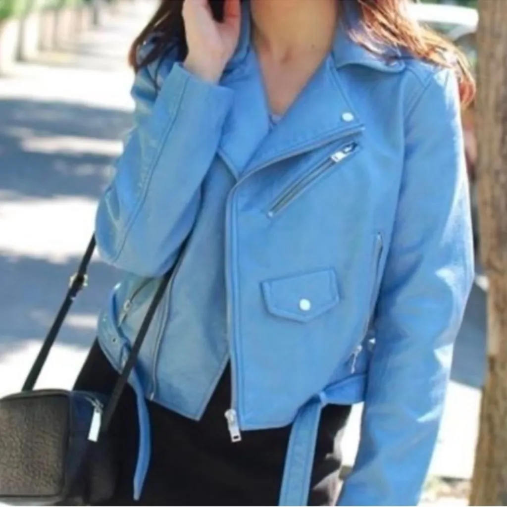 ZARA Faux Leather Blue Moto Jacket XS Biker Blogger Favorite TikTok Style - Image 5