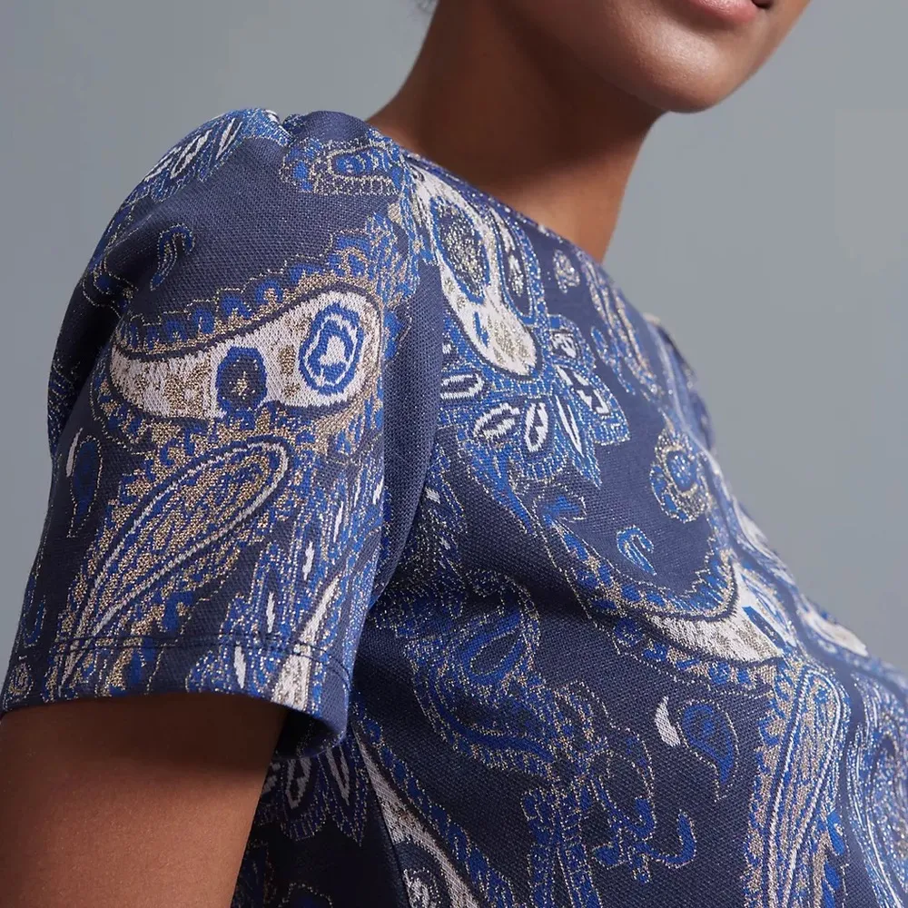 Anthropologie Demeter Blue Paisley Sparkly Puff Short Sleeve Knit Top Size XS - Image 4