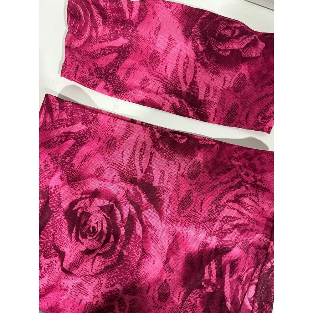 Women's 2 Piece Outfits Floral Print Mesh Strapless Tube Crop Top and High Waist Size M - Image 5