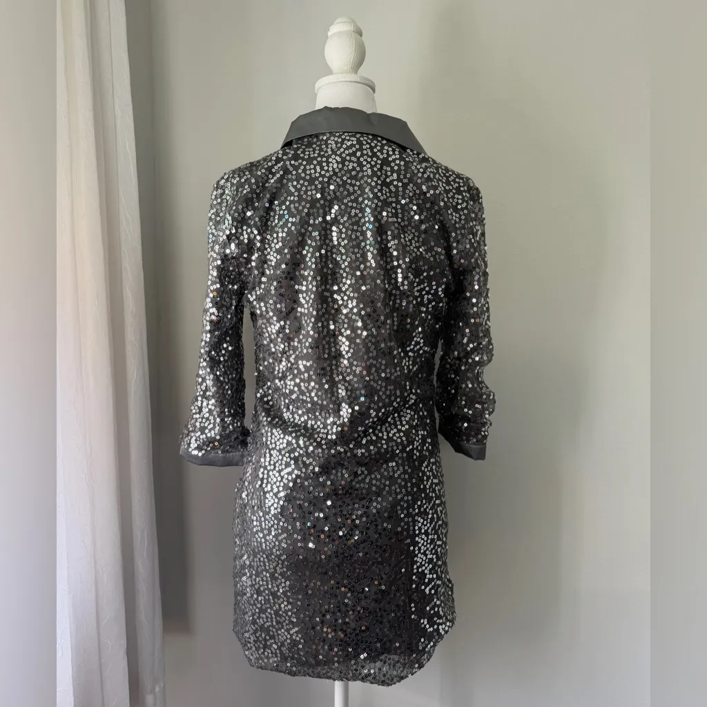 Vintage Y2K Once Again Silver Sequined 3/4 Sleeve Collared Mini Dress Size M - Image 6
