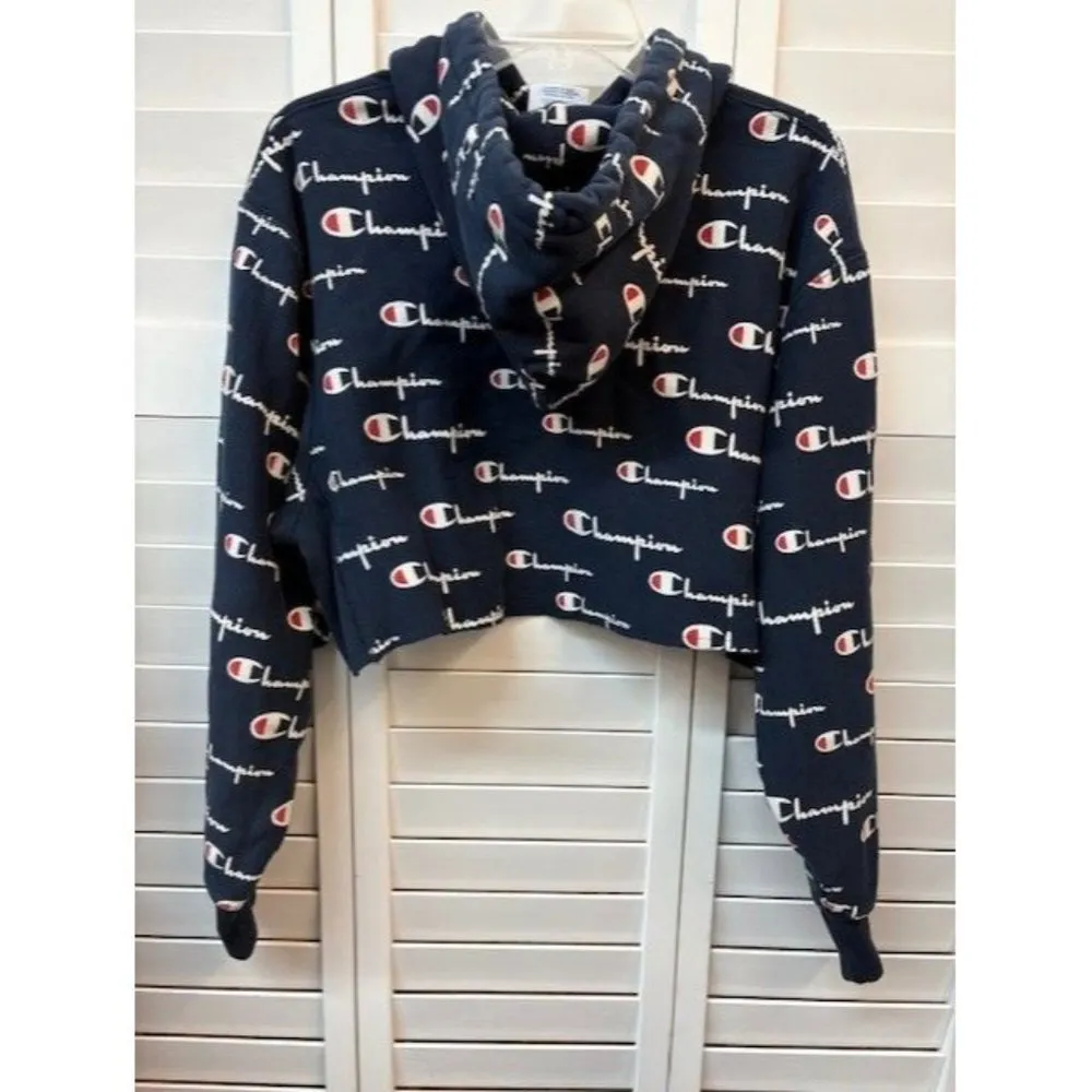 Champion Womens Cropped Hoodie Sweatshirt Size L Navy With Logo Print Cotton Ble - Image 2