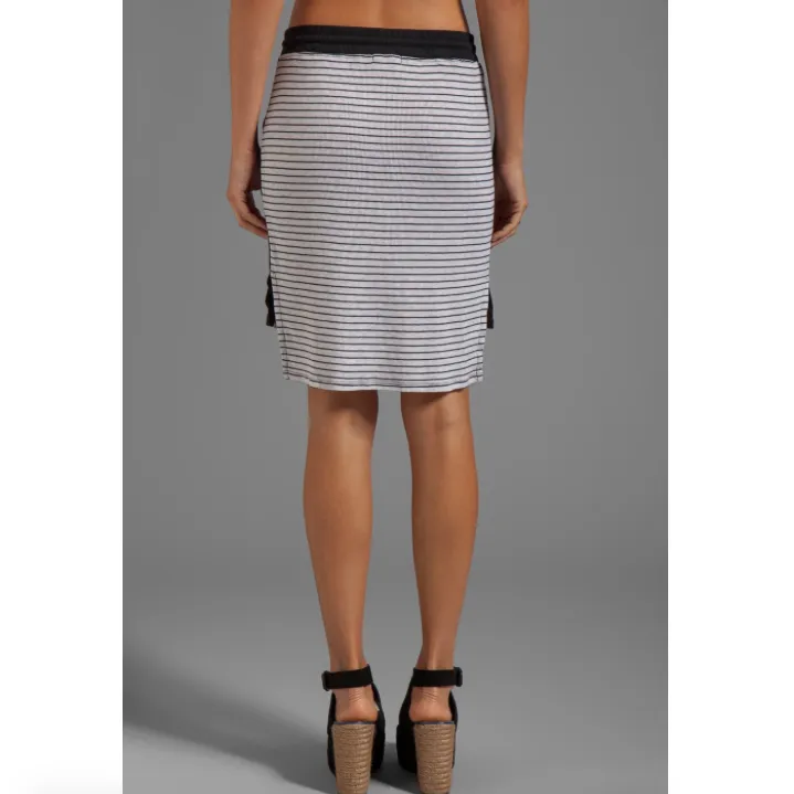 New  Striped Ribbed Knit High-Low Hem Skirt Oatmeal Black Size XS - Image 4