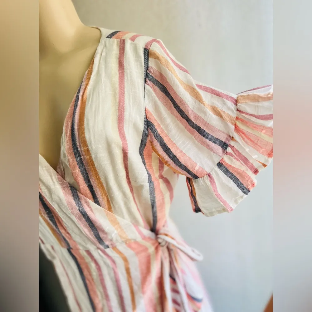 Express Cotton Blend Stripe Ruffle Wrap Dress in Cream Pink Size Medium - Image 6