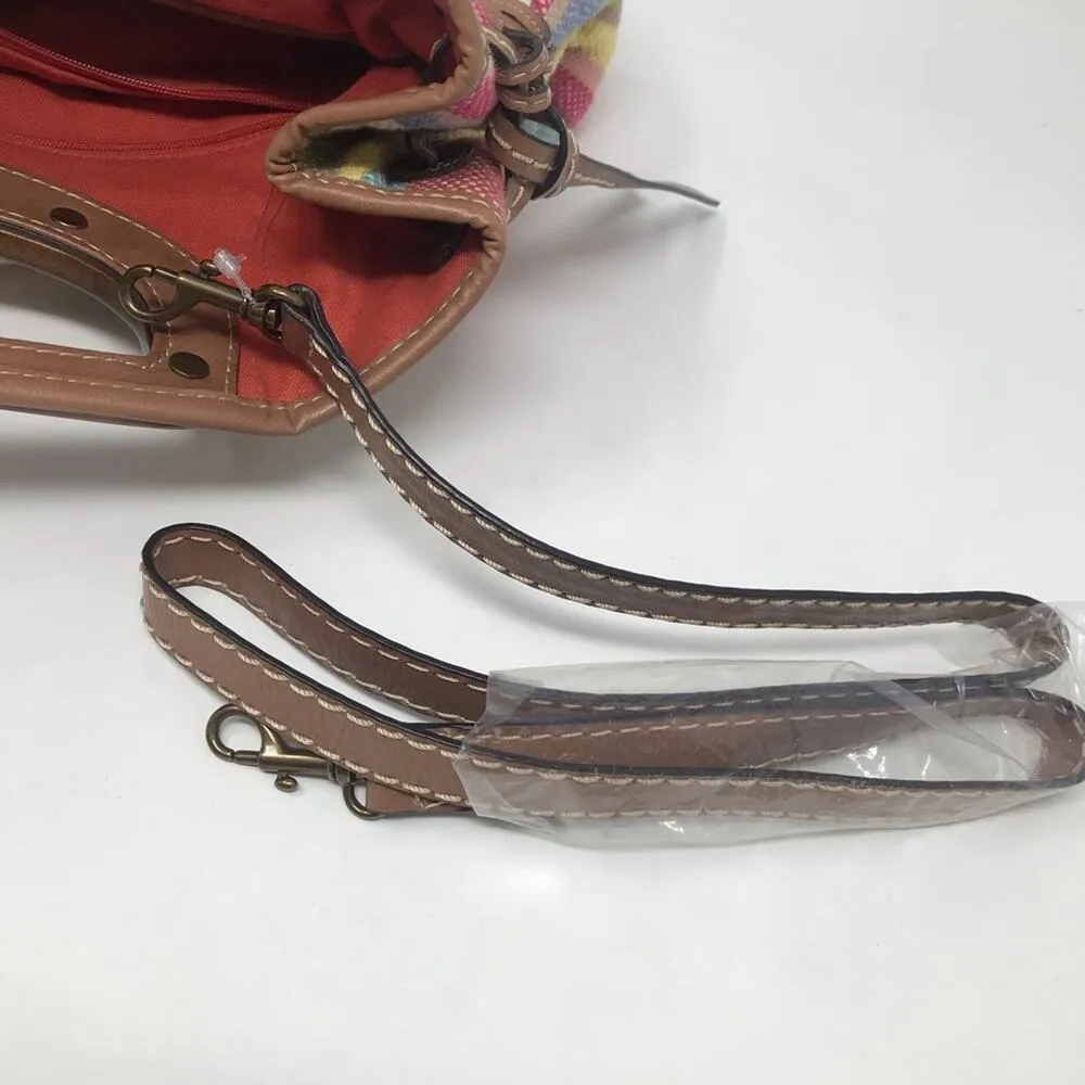 Fossil Spring Striped Fabric Cloth Satchel Crossbody Purse Bag Wooden Handles - Image 9