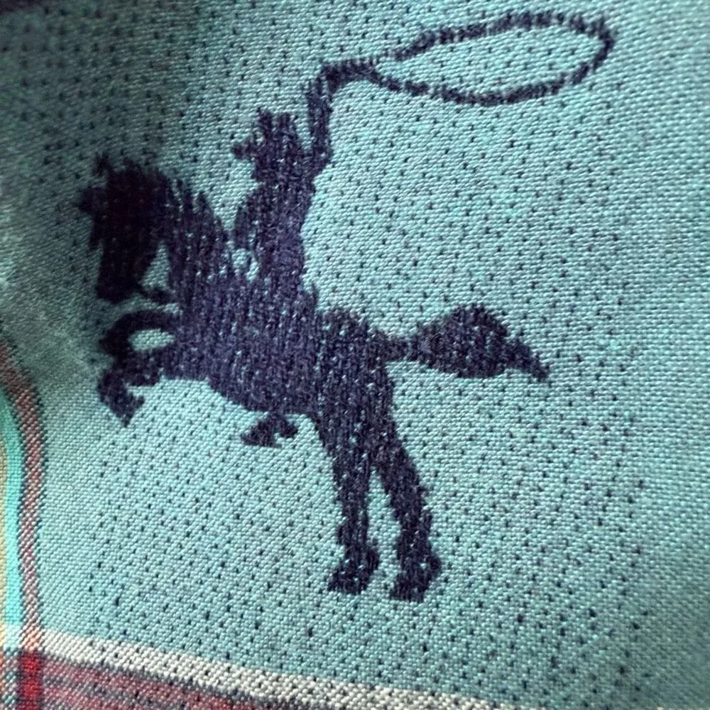 Vintage 90s LG Sport Plaid Cotton Button Up Shirt Southwestern Cowboy Cactus L Blue - Image 7