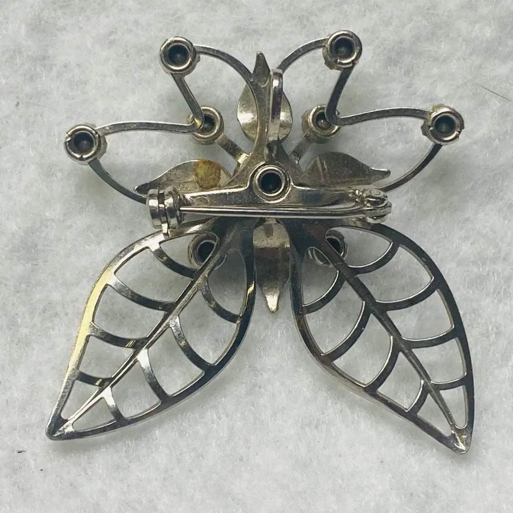 Silver Tone Flower Pin Brooch Pendant Filagree Rivet Construction Rhinestones - Image 13