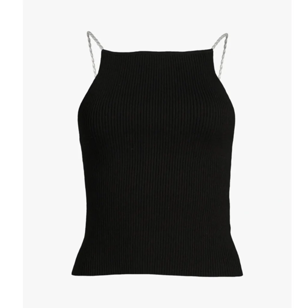MUSIER PARIS Lena Ribbed Top W/ Pearl Straps, Black, FR40/US8 Black Size M - Image 10