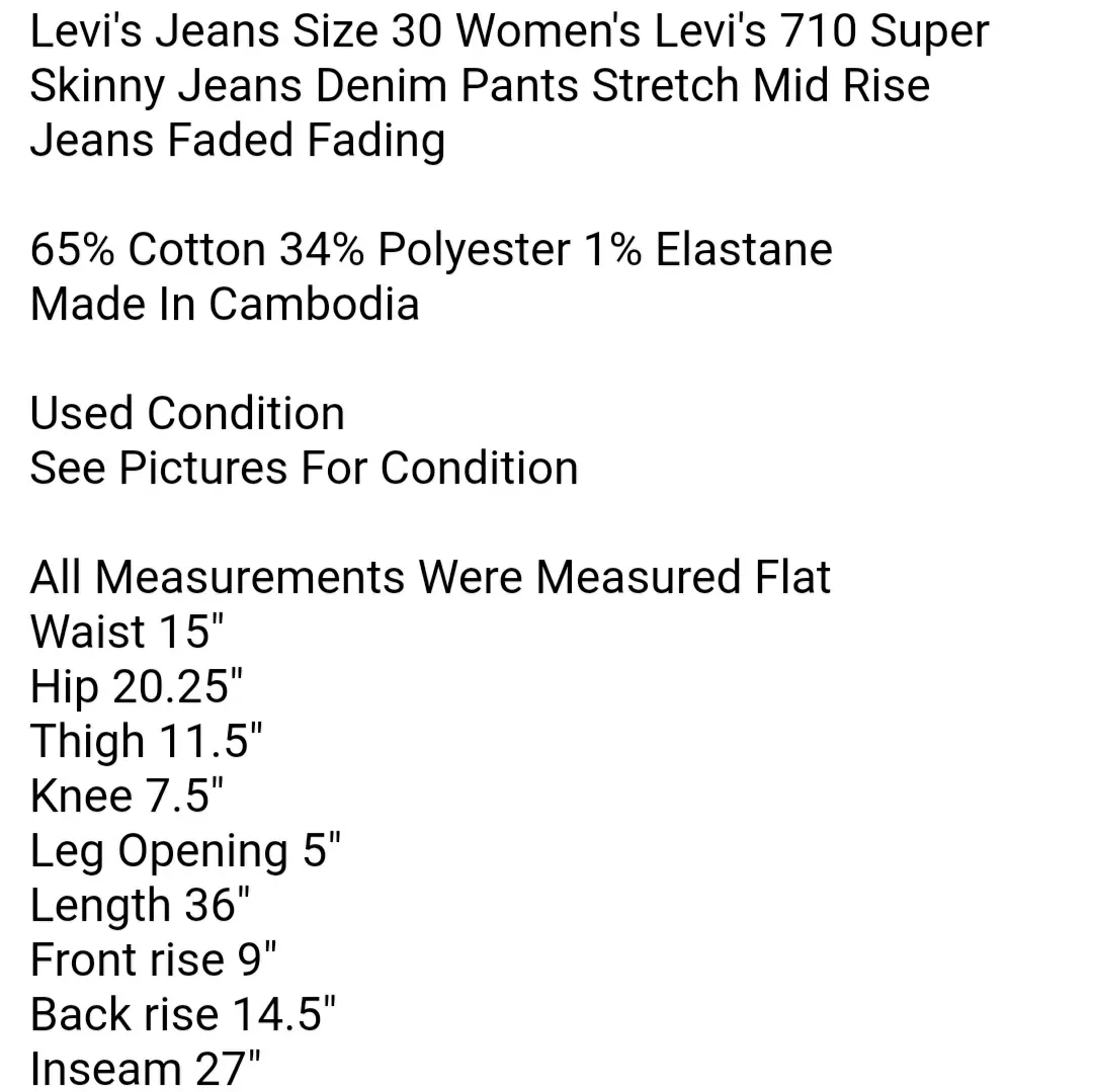  Jeans Size 30 Women's Levi's 710 Super Skinny Jeans Denim Pants Stretch Mid Rise  - Image 6