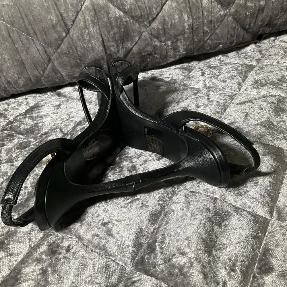 Nanette Lapore Black Strappy Heels  Gold Chain 6 slip on sandal square toe party - Image 9